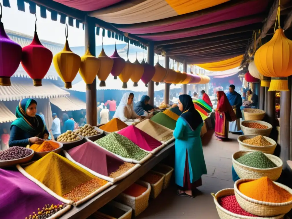 Animado comercio antiguo de especias y textiles en un bullicioso mercado lleno de colores y aromas exóticos