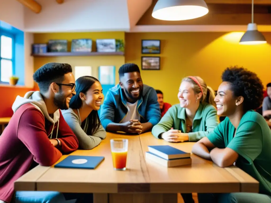 Un animado encuentro intercultural en un hostel juvenil, donde viajeros comparten experiencias y risas