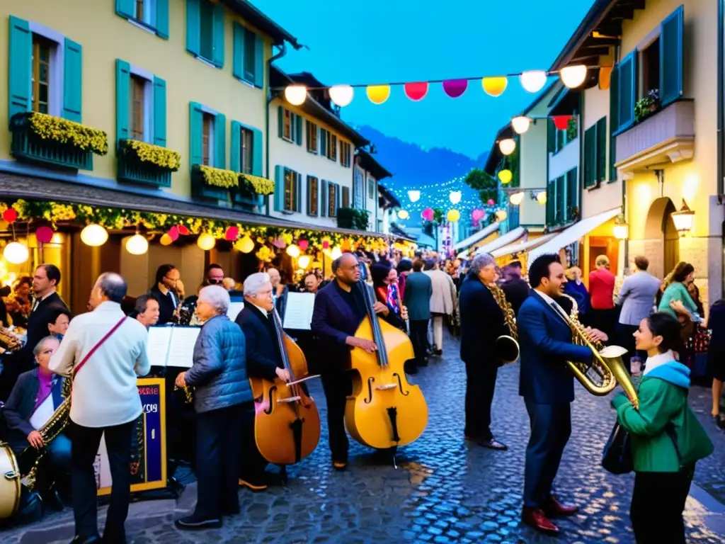 Animado Festival de Jazz Montreux multicultural con músicos apasionados y diversa audiencia unida, bajo los Alpes suizos