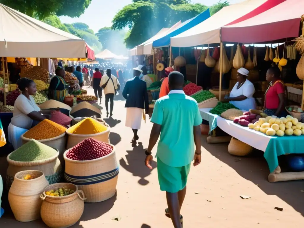 Animado mercado africano con la convivencia del francés con lenguas locales, lleno de coloridas paradas y diversidad cultural