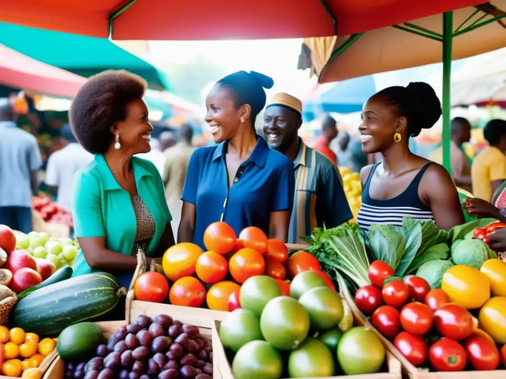 Un animado mercado africano donde la diversidad y el dinamismo de los hablantes de francés africano se reflejan en la comunidad vibrante