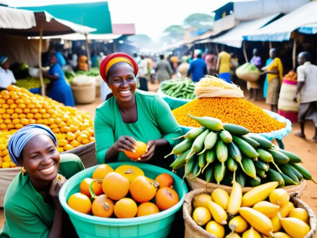 En un animado mercado africano francófono, mujeres venden productos frescos en colores vibrantes como calabazas naranjas, okra verde y maíz amarillo