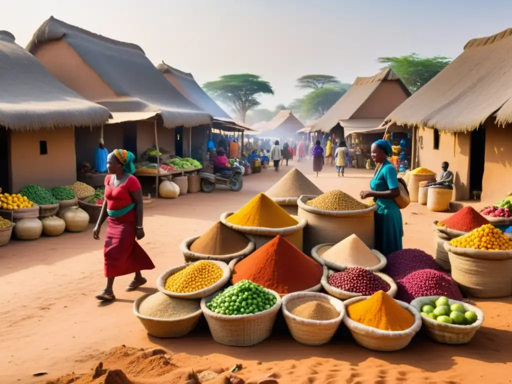 Un animado mercado africano con vendedoras en trajes tradicionales vendiendo frutas, verduras y especias