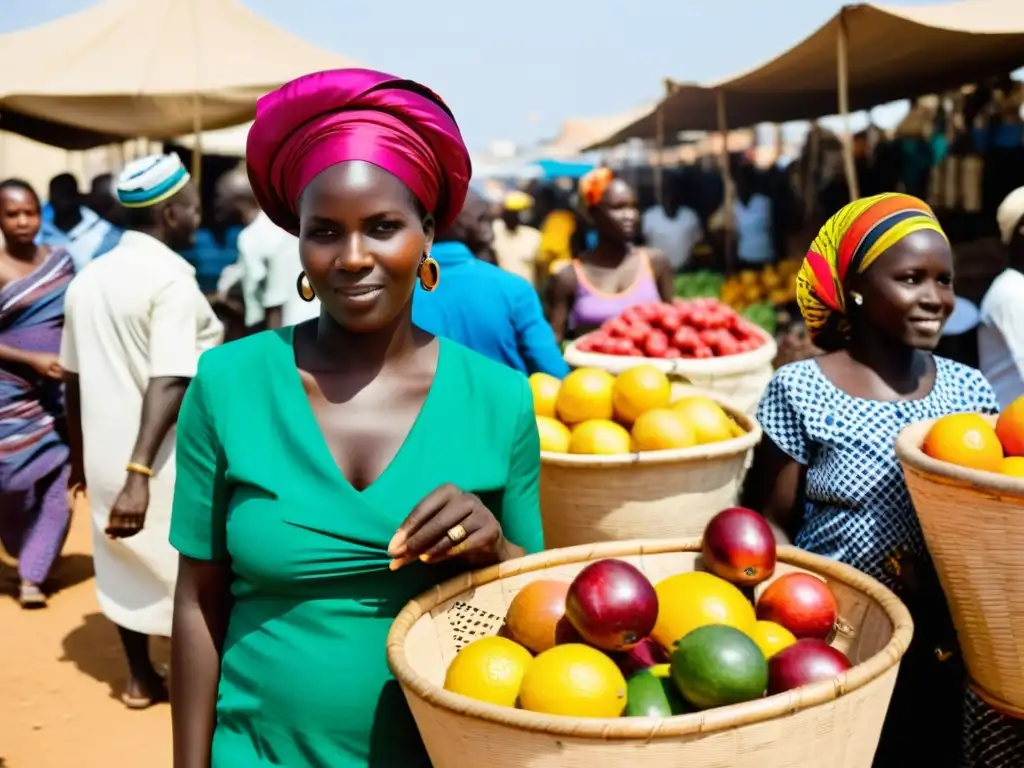 Un animado mercado al aire libre en Dakar, Senegal, con puestos coloridos vendiendo textiles tradicionales, artesanías y productos vibrantes