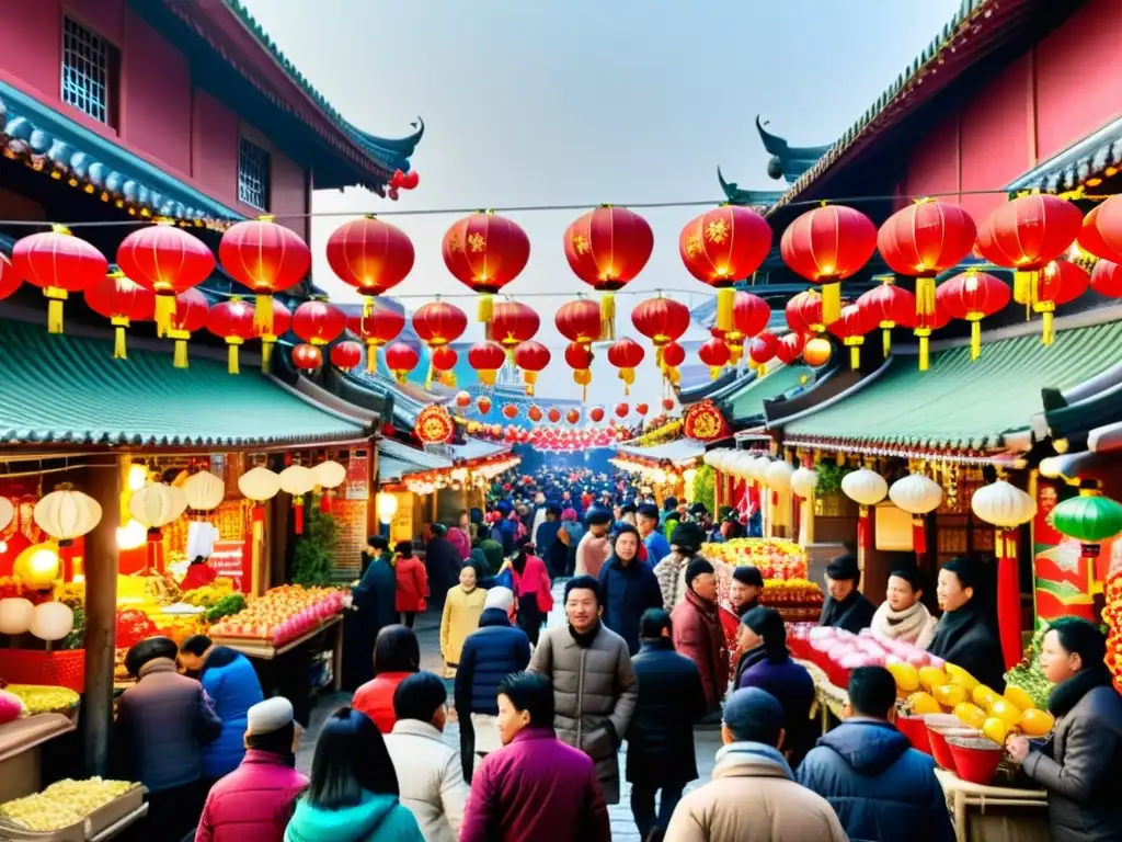 Animado mercado asiático durante la celebración del Año Nuevo Lunar Asia, con decoraciones vibrantes y una multitud en trajes tradicionales