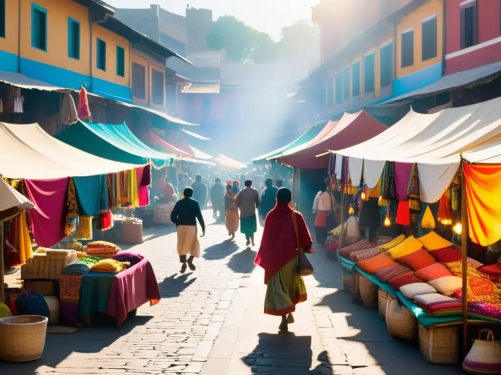Mercado vibrante: colores, telas y cultura en acción Un animado mercado en una ciudad culturalmente rica, con moda étnica para el día a día, telas coloridas y una energía vibrante