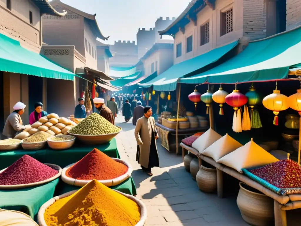 Un animado mercado a lo largo de la antigua Ruta de la Seda, con textiles vibrantes, cerámica intrincada y especias exóticas en puestos coloridos