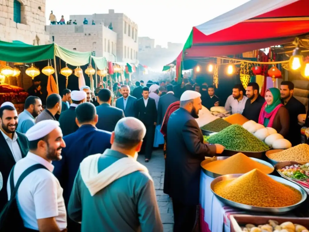 Un animado mercado palestino durante las celebraciones Isra y Mi'raj en Palestina, con música alegre y deliciosa comida callejera