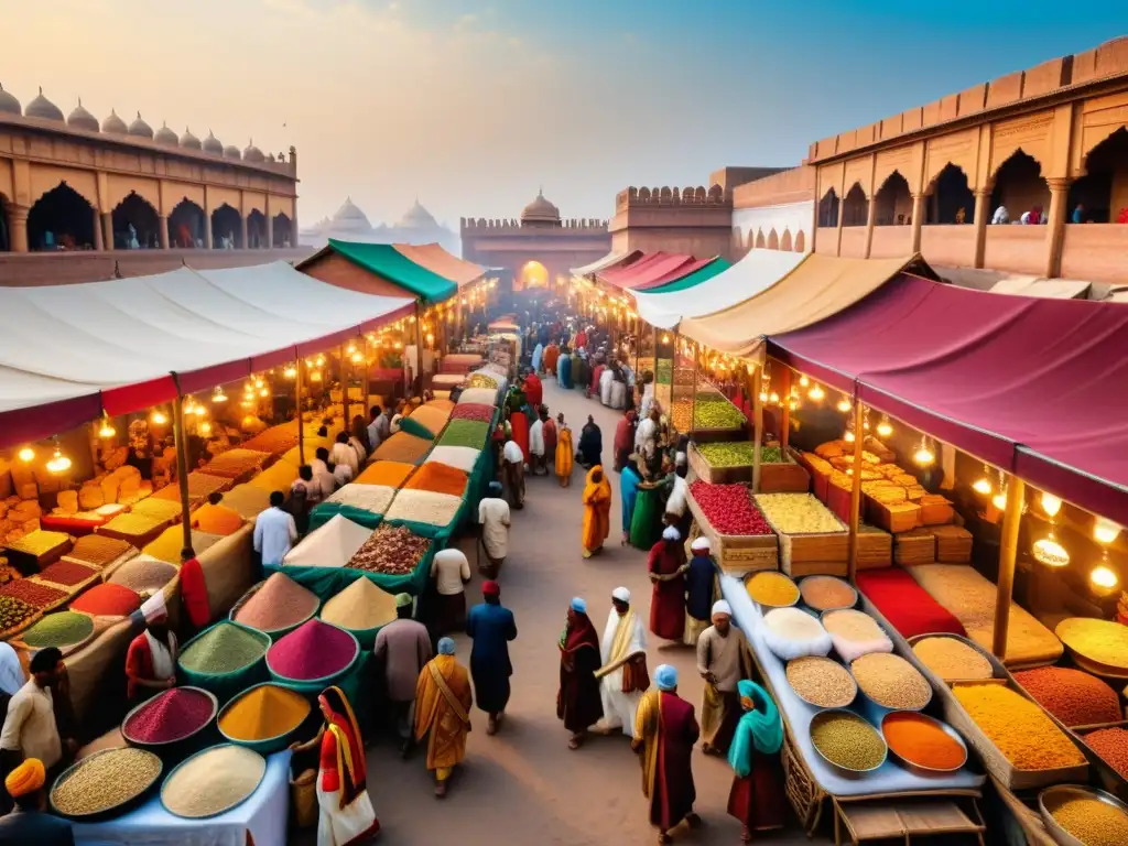 Animado mercado de la Ruta de la Seda India, con intercambio cultural, colores vibrantes y arquitectura única