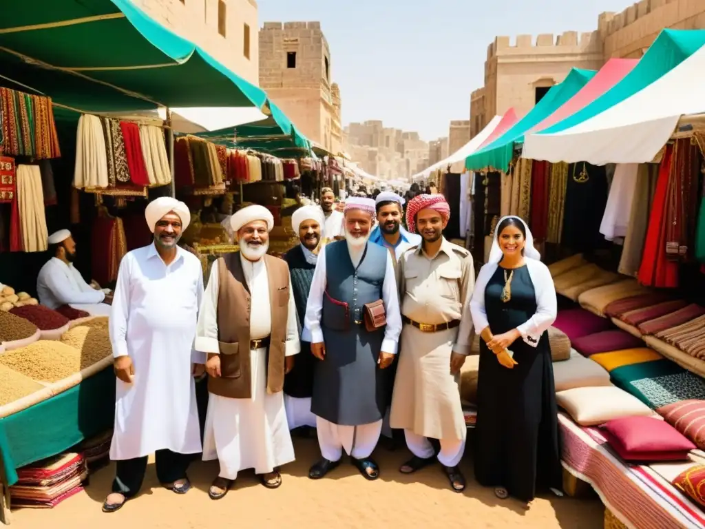 Un animado mercado yemení rebosante de colores, textiles y artesanías, donde se preparan para la celebración de AlHijra en Yemen, mostrando la rica cultura del país