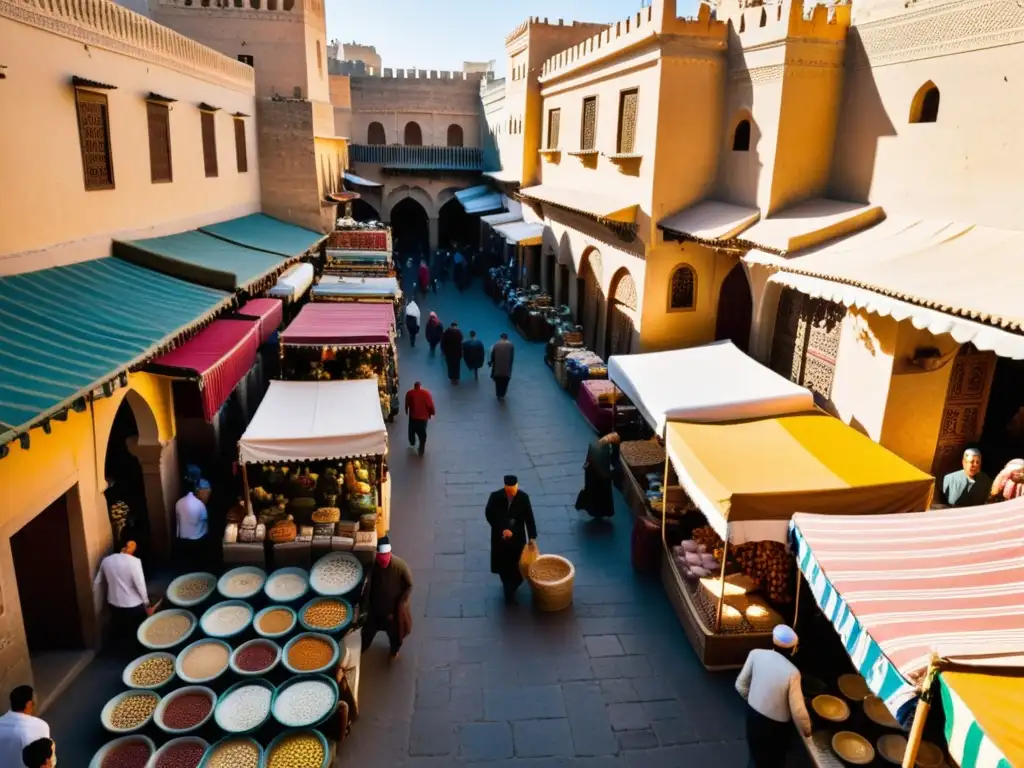 Un animado zoco en Fez, Marruecos, con artesanía tradicional y colores vibrantes bajo la cálida luz del sol