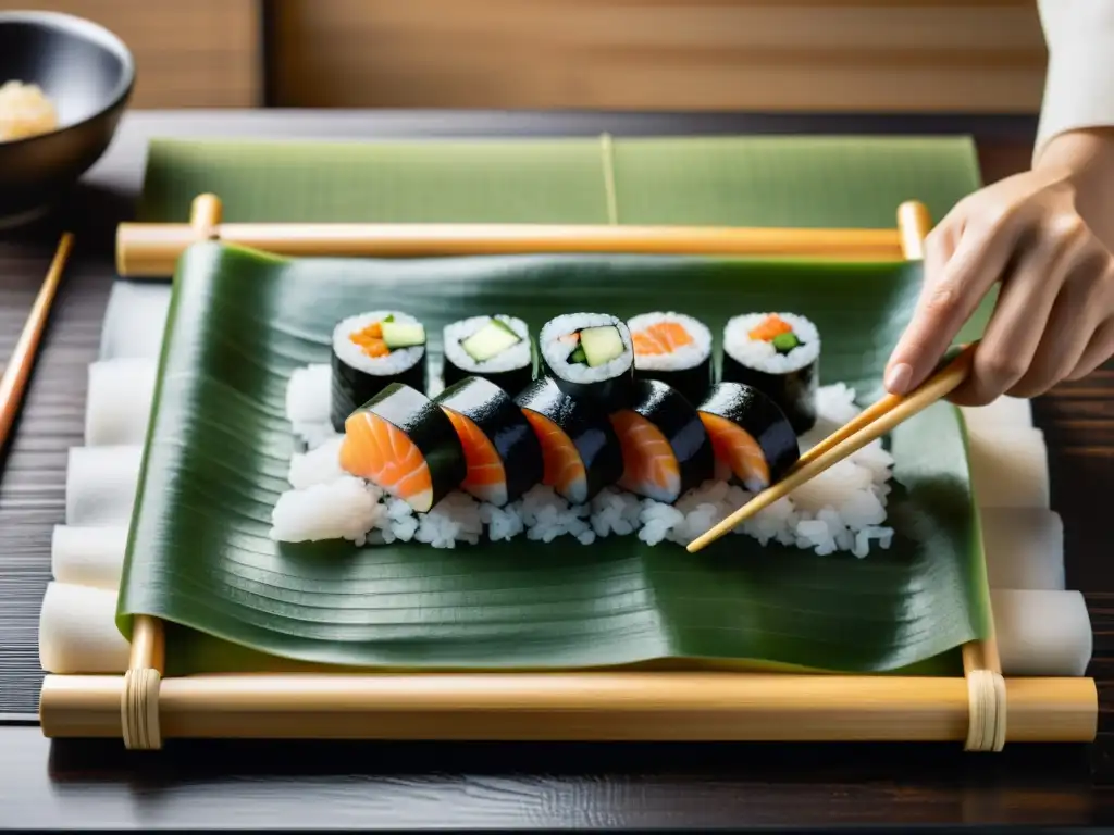 Una antigua pergamino japonés muestra el origen y evolución del sushi con detalles meticulosos y cálidos tonos terrosos, evocando su rica historia