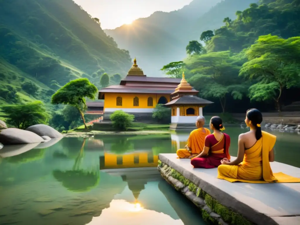 Antiguo ashram en los Himalayas, con yogis en meditación