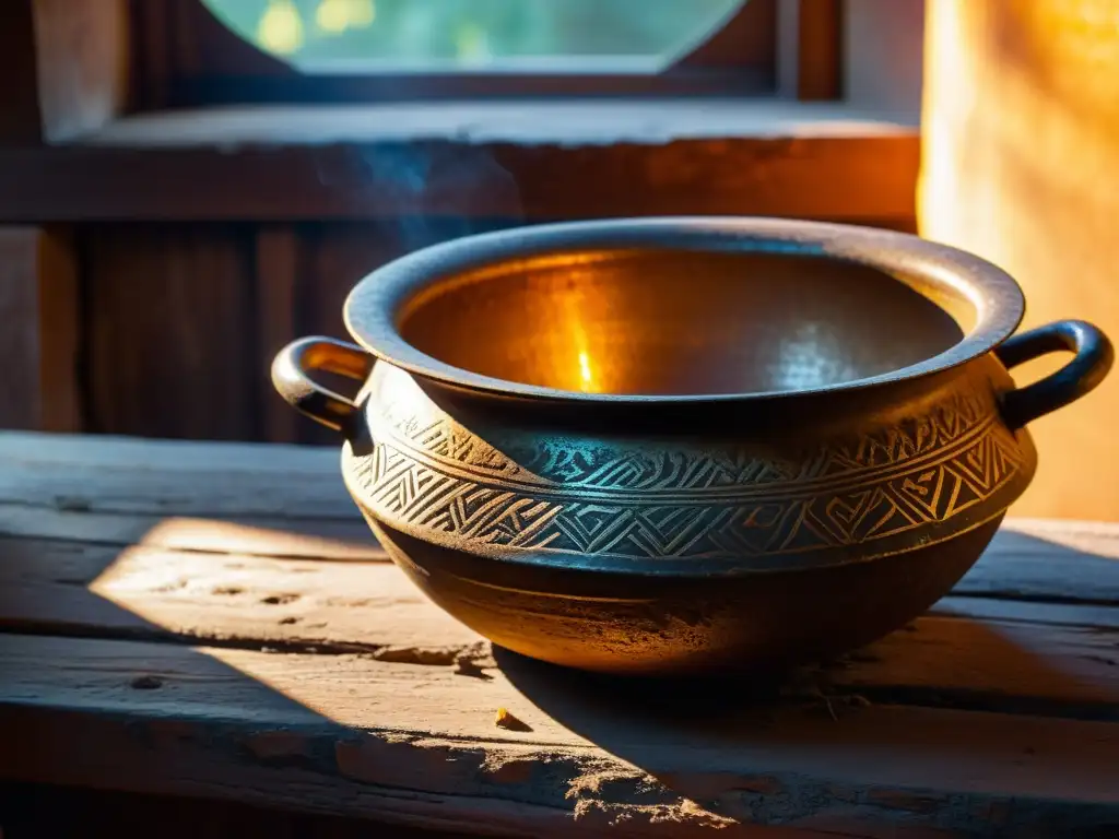 Un antiguo y desgastado plato de cocina con diseños intrincados, iluminado por la cálida luz dorada