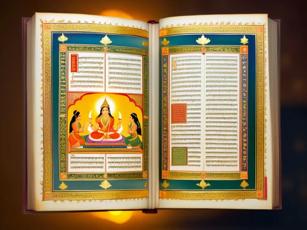 Un antiguo manuscrito iluminado por velas muestra escenas del Mahabharata y Ramayana