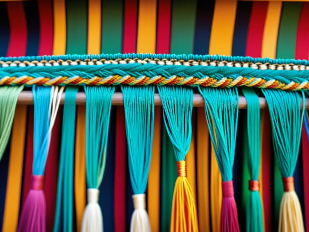 Descifrando el antiguo sistema de nudos inca: Detalle vibrante de un quipu, revelando la compleja artesanía y belleza de este artefacto andino