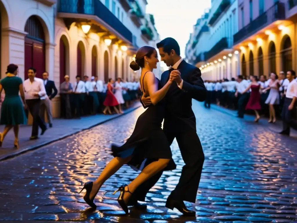 Apasionado tango en las calles de Buenos Aires, iluminado por farolas, refleja la pasión cultural de Buenos Aires