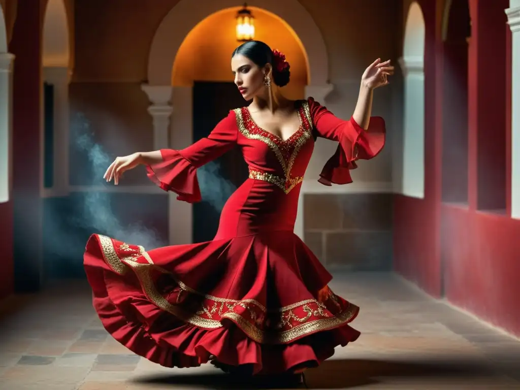 Una apasionante bailarina de flamenco en un vestido rojo vibrante, expresando la pasión cultural del flamenco en Andalucía