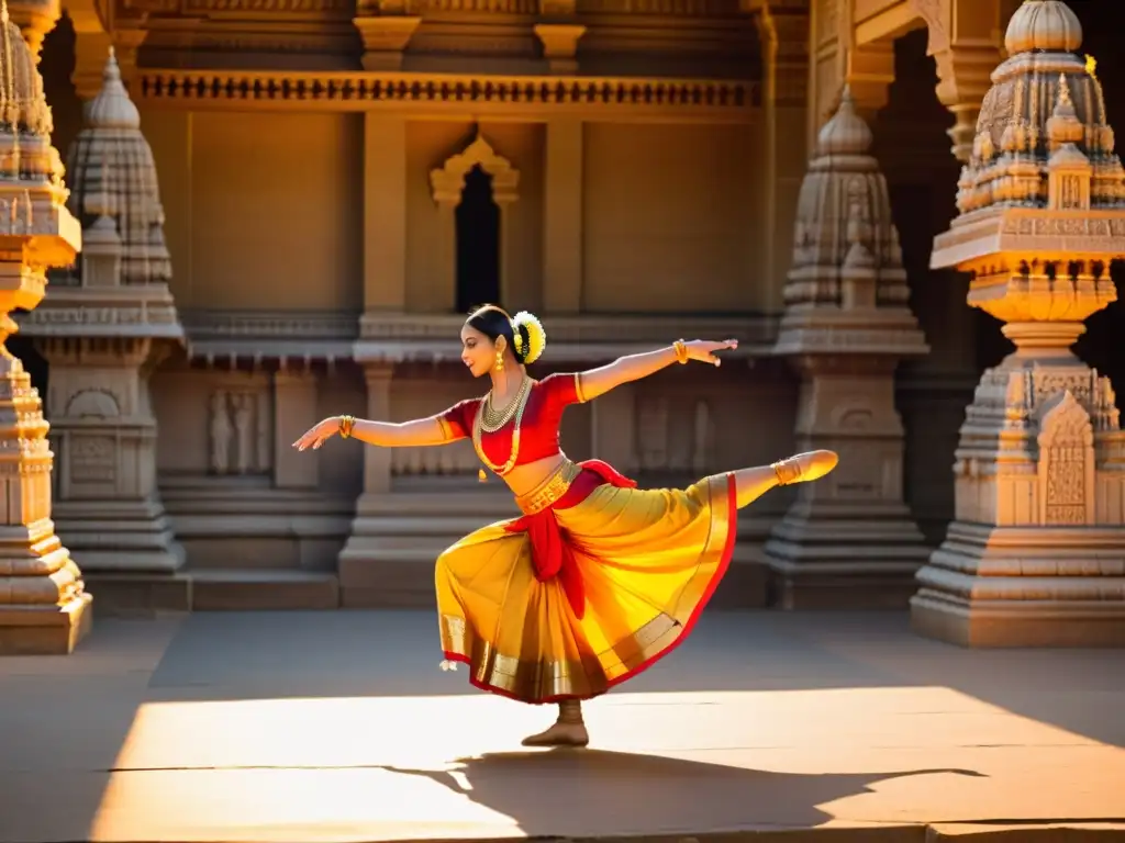 Apasionante actuación de danza clásica en el Festival de Danza Clásica Khajuraho, con vestimenta tradicional y expresiones llenas de gracia y pasión