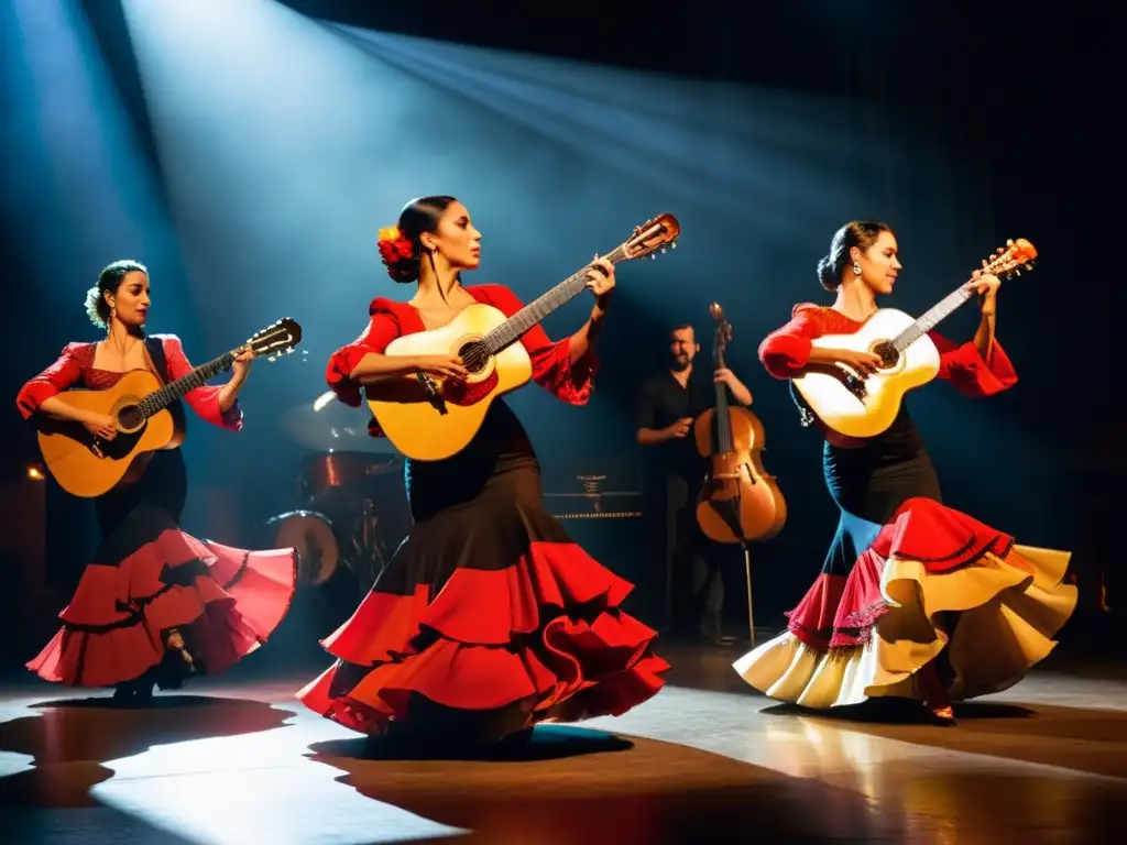 Apasionante actuación de flamenco en Andalucía, con trajes vibrantes y músicos entregados en el escenario