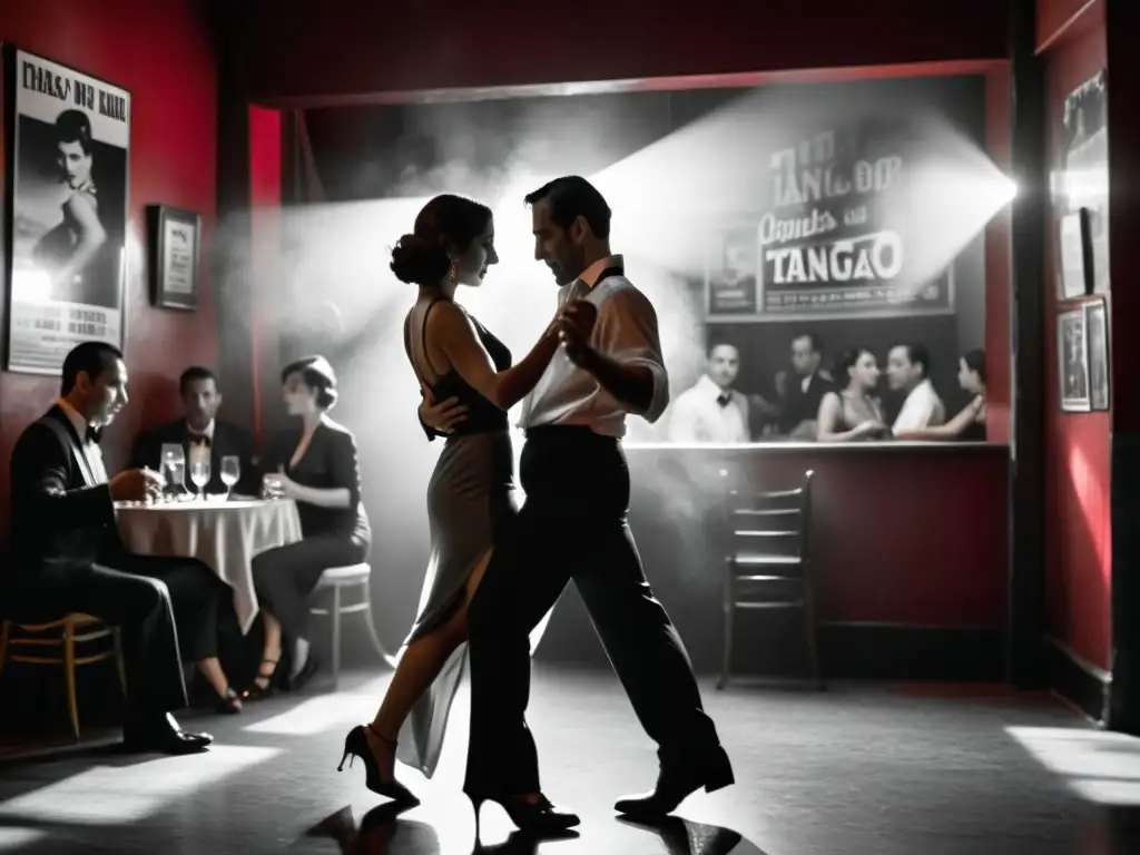 Apasionante historia del tango en Buenos Aires: parejas bailando con intensidad en un club tanguero, envueltos en humo de cigarrillo