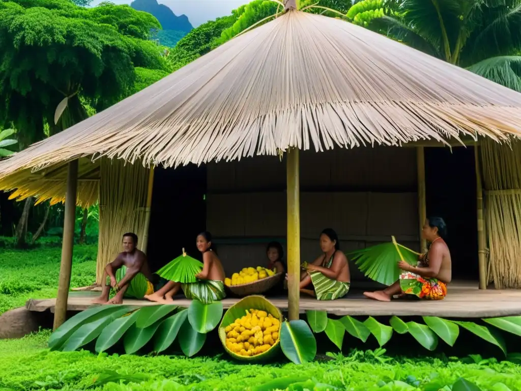 Bajo un árbol de pan, en Micronesia, hombres y mujeres recolectan frutas en una vibrante Fiesta de la Cosecha de Breadfruit Micronesia