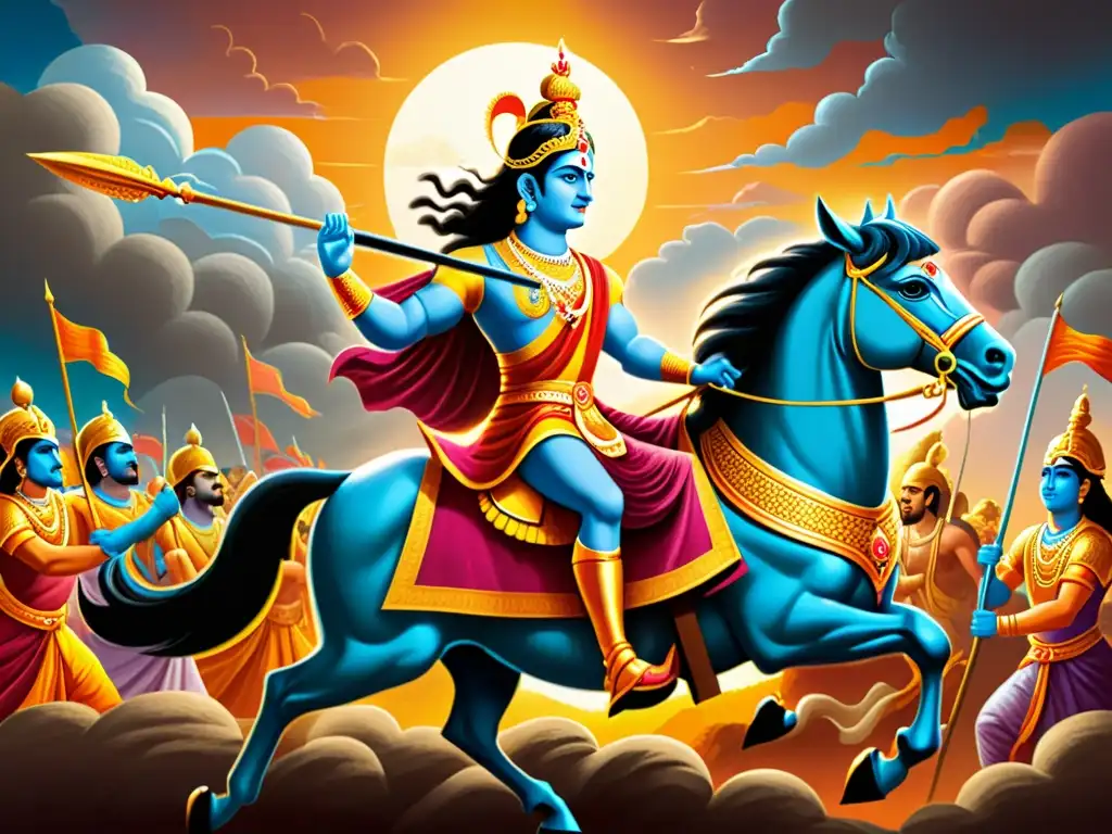 Arjuna en el campo de batalla con Krishna como auriga, entregando las Enseñanzas Espirituales Bhagavad Gita en una ilustración detallada y emocionante