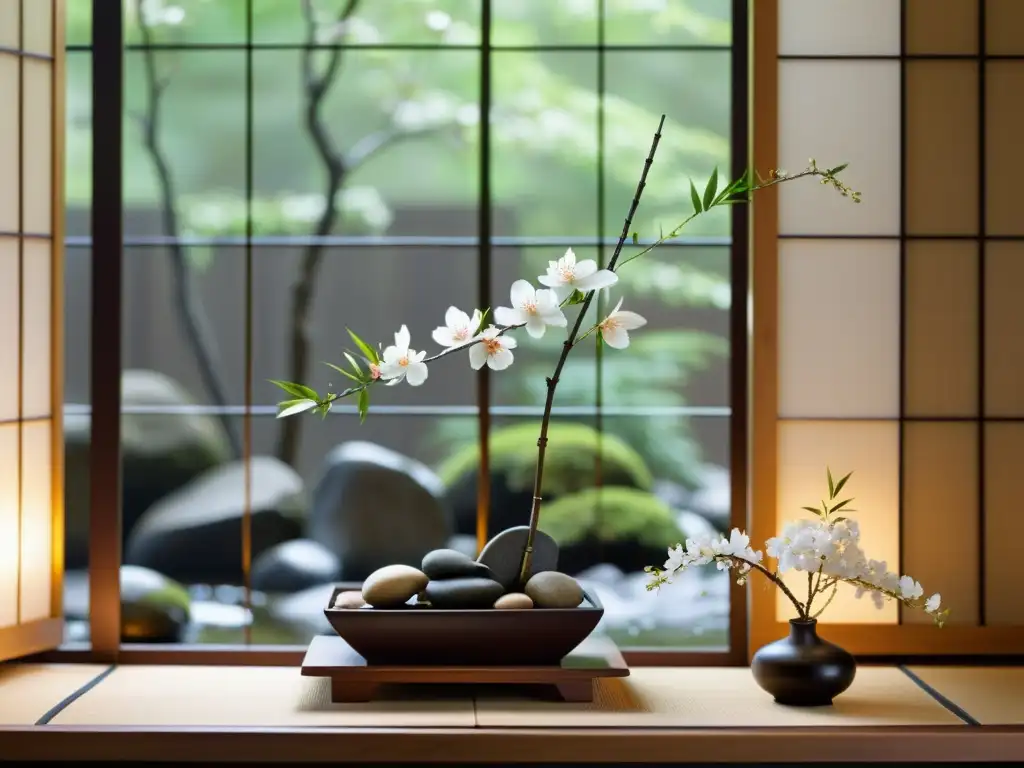 Una armoniosa y delicada composición de Ikebana, con cerezos, bambú y piedras, frente a shoji japoneses y luz natural