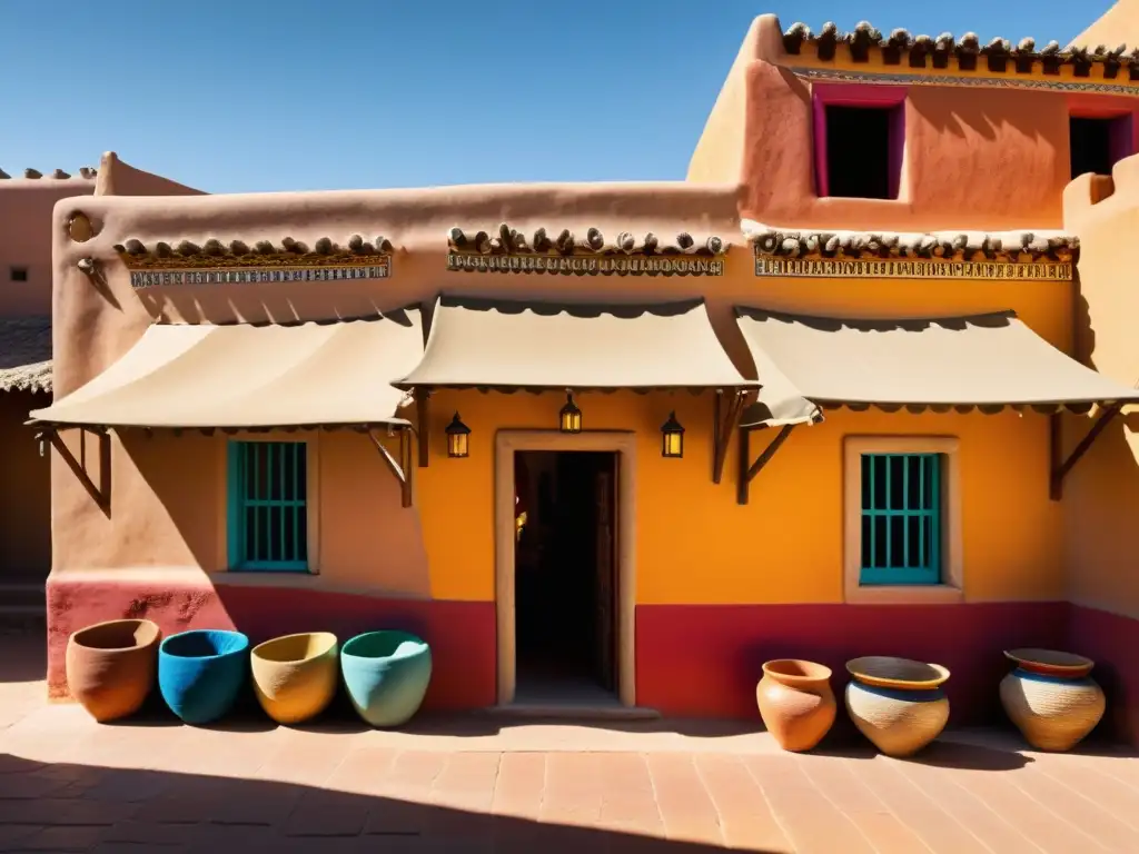 Arquitectura local en boutique de diseño: Fotografía de una vibrante plaza con una casa de adobe y coloridos textiles artesanales