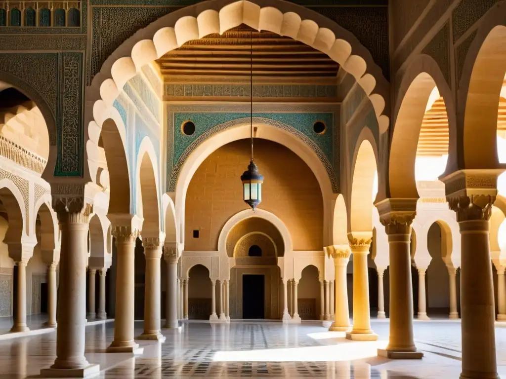 Arquitectura religiosa en Túnez: Interior impresionante de la Gran Mezquita de Kairouan, con deslumbrante juego de luz y sombra