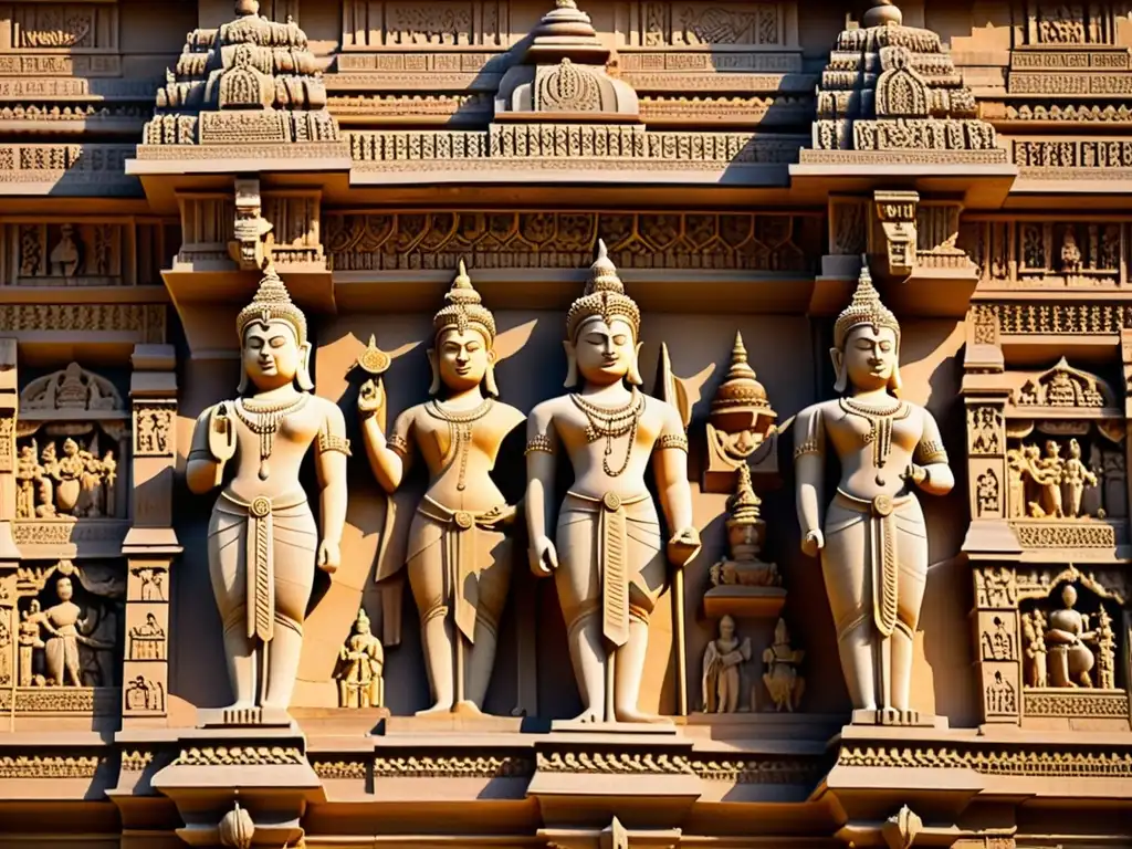 Arquitectura de templos hindúes en India: Detalle en 8k del templo Kandariya Mahadeva en Khajuraho, con intrincadas esculturas iluminadas por el cálido sol