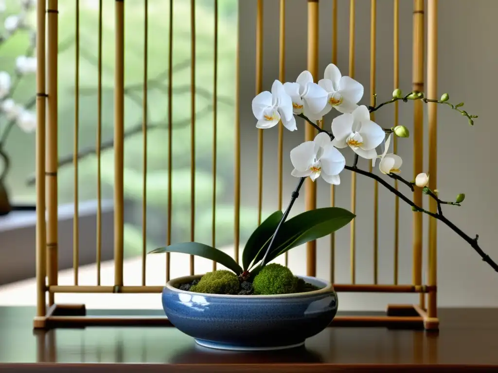 Un arreglo de arte floral japonés que combina cerezos, bambú y orquídeas en una vase de cerámica tradicional, reflejando una tradición innovadora