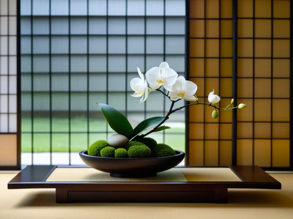 Arreglo de ikebana evoca armonía y belleza minimalista en una habitación japonesa, destacando el significado cultural del ikebana