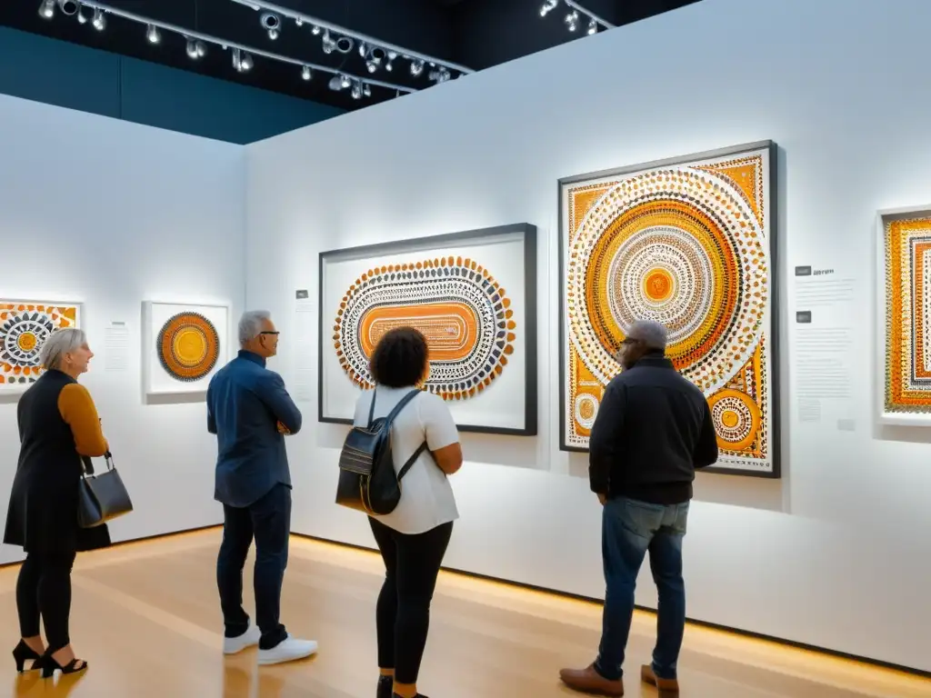 Exposición de arte aborigen contemporáneo en galería moderna, con obras vibrantes y esculturas, visitantes admirando la muestra