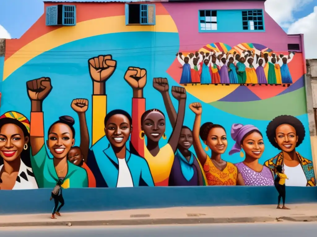 Arte africano francófono con símbolos políticos y comunidad unida en mural vibrante de la ciudad