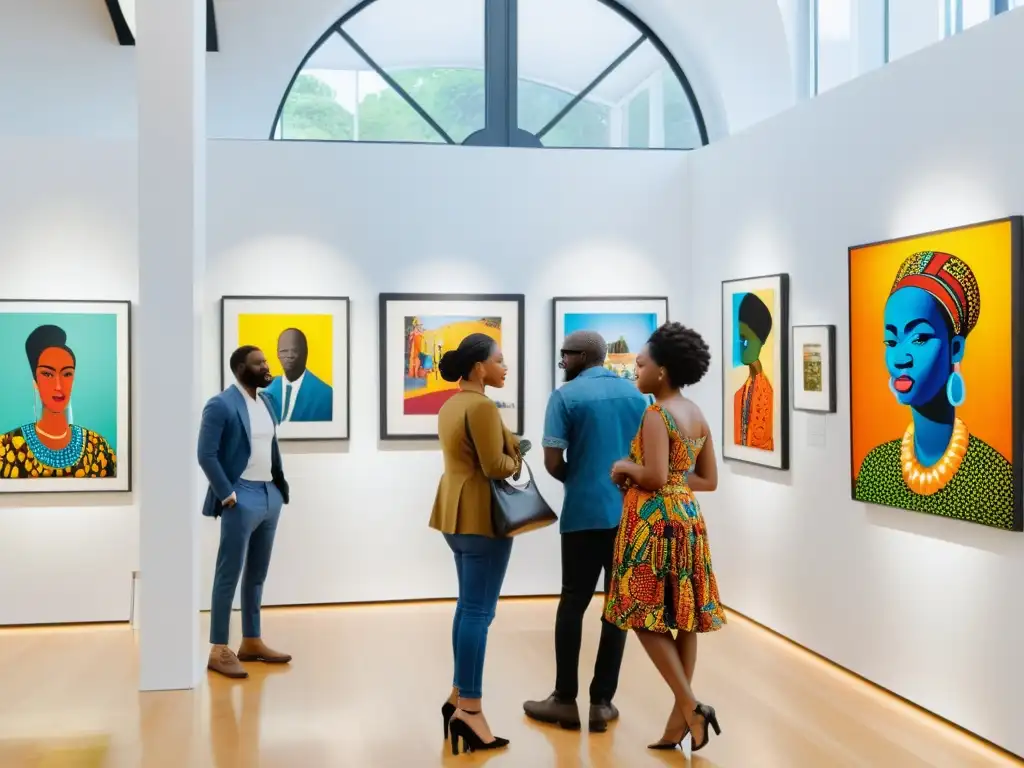 Exposición de arte africano en galería moderna con diversidad cultural y creatividad vibrante