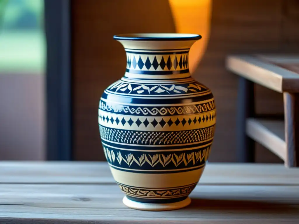 Arte cerámica cultura Khakas: Detalle de un jarrón decorado con motivos tradicionales en tonos tierra, iluminado por el cálido sol poniente