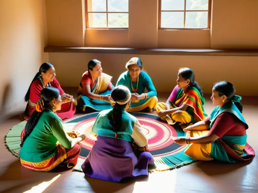 Arte étnico femenino en galería, celebrando la tradición con tejidos coloridos y patrones geométricos