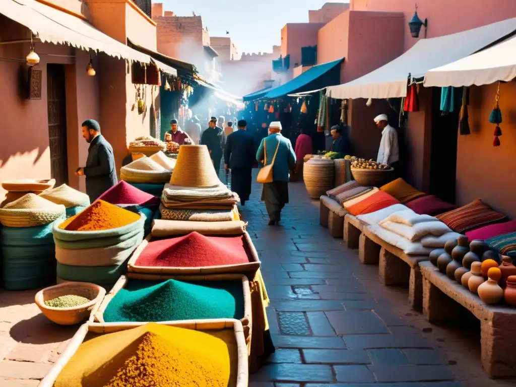 Explora las vibrantes galerías de arte étnico mundial en un bullicioso mercado de Marrakech, Marruecos