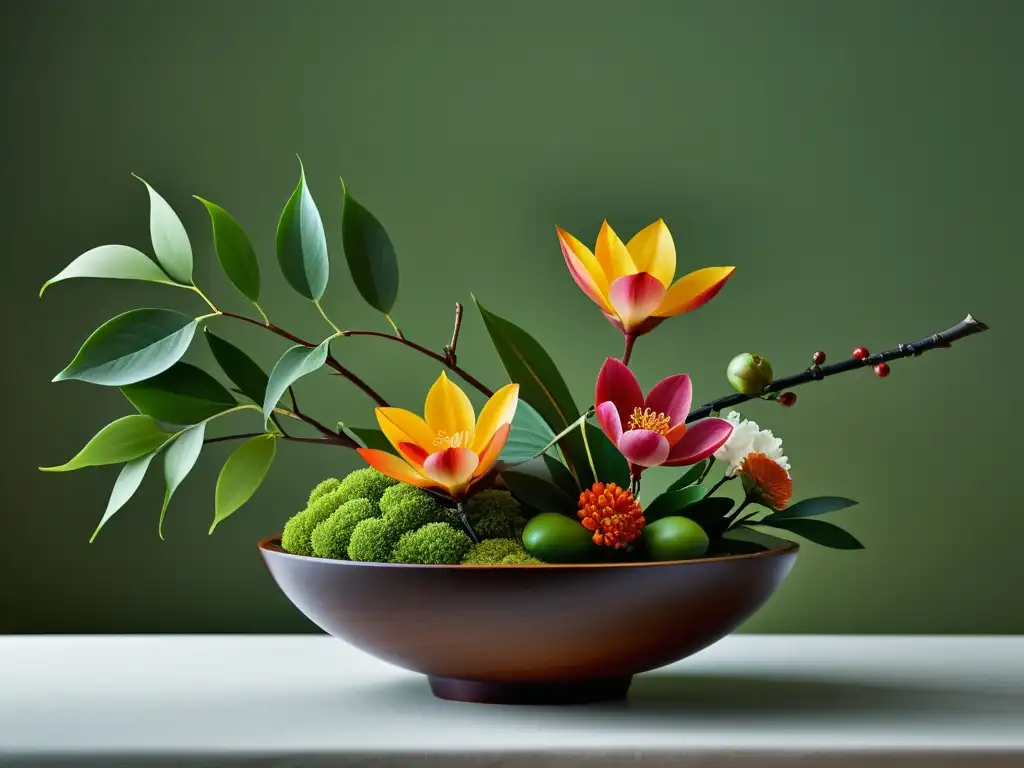 Arte floral japonés tradición innovadora: detalle ultrapreciso de un ikebana tradicional, con composición armoniosa y equilibrada