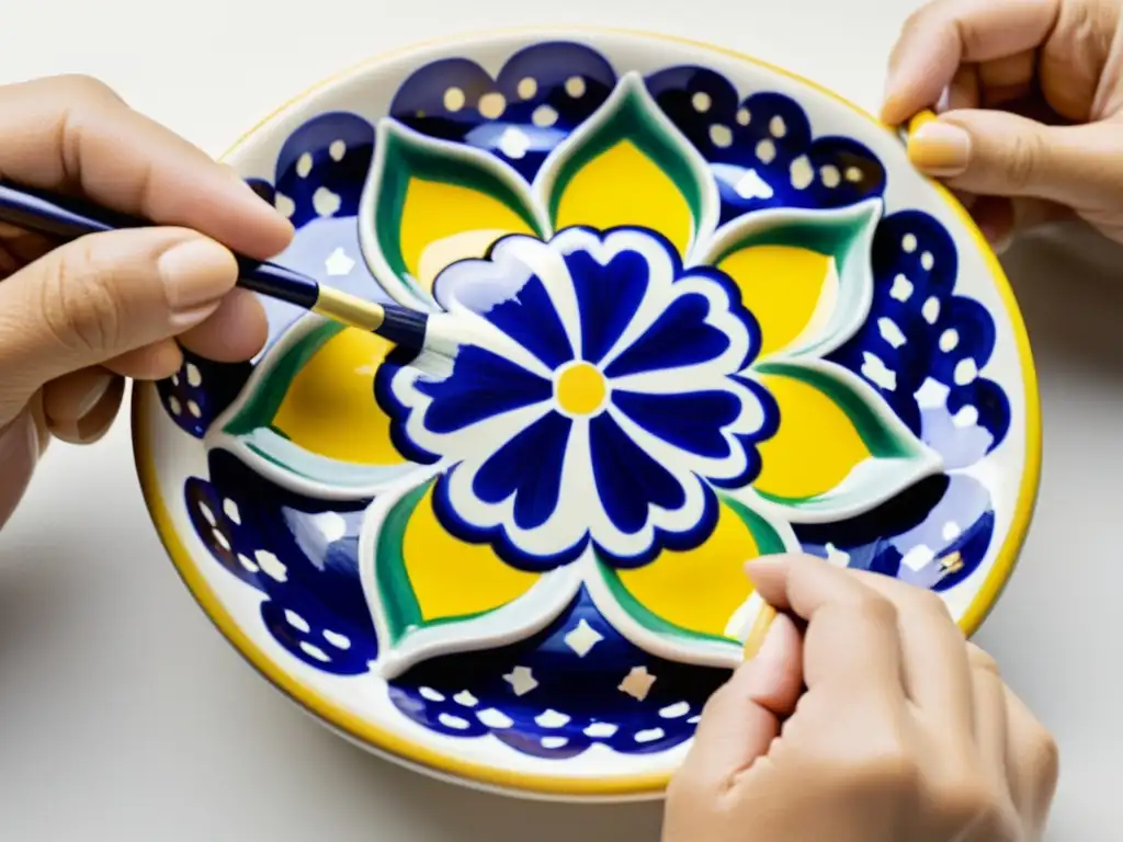 Arte y funcionalidad de la cerámica de Talavera: Un artesano pinta delicados patrones florales en cerámica, destacando la artesanía tradicional única