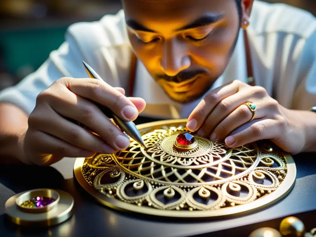 Arte de coleccionar joyería artesanal: Maestro joyero elaborando filigrana con detalles meticulosos y destreza artesanal