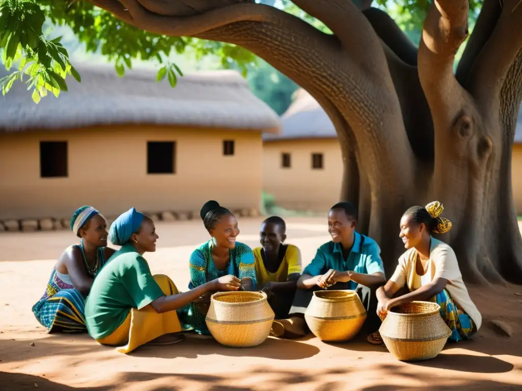 Arte de la cestería en Ruanda: Hábiles artesanos tejiendo coloridas fibras bajo un árbol, en un entorno sereno y conectado con la naturaleza