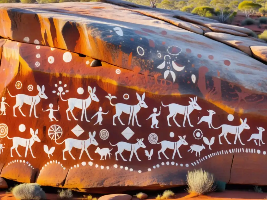 Arte rupestre aborigen en el Outback australiano: símbolos y figuras animales detallados pintados en la roca arenisca iluminada por el cálido atardecer