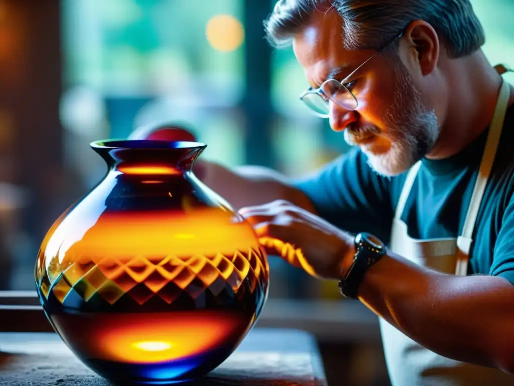 Arte del vidrio soplado artesanal: Glassblower moldeando vidrio fundido, resaltando su color, precisión y tradición artesanal