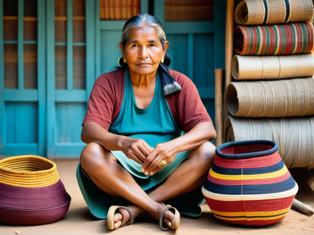 Artesana indígena teje con habilidad cestería tradicional, mostrando resistencia cultural a través de su arte ancestral