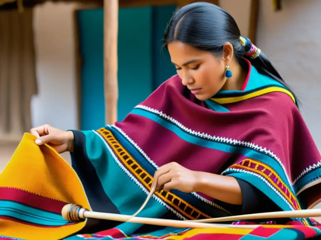 Artesana indígena teje un poncho andino, representando el origen y significado del poncho andino con sus colores vibrantes y patrones intrincados