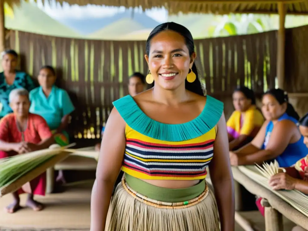 Una artesana isleña del Pacífico teje con destreza, rodeada de su comunidad y la exuberante naturaleza, mostrando el impacto de la moda occidental en el Pacífico