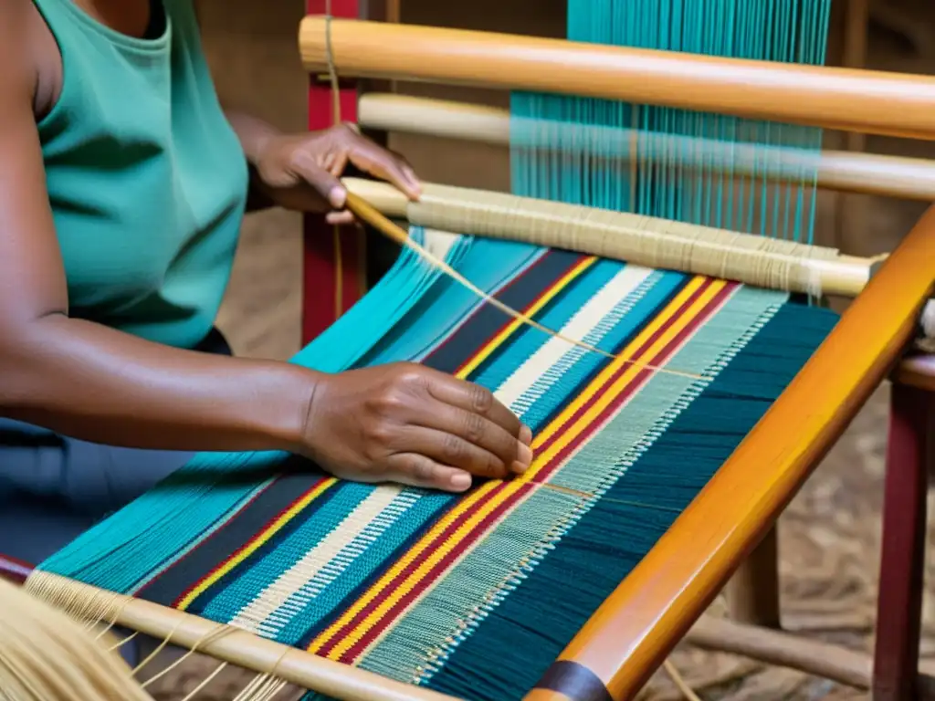 Artesana teje a mano un textil étnico con colores vibrantes y patrones intrincados