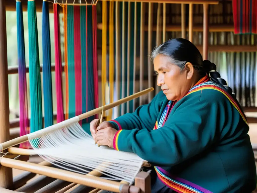 Una artesana mapuche teje con destreza patrones coloridos en un telar, reflejando la resistencia y la identidad de su pueblo